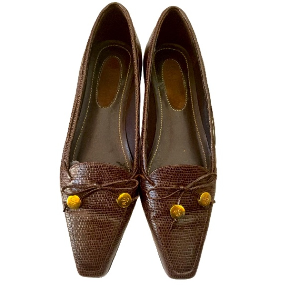 Ralph Lauren Brown Lizard-Texture Pointed Toe Flats with Gold Buttons
